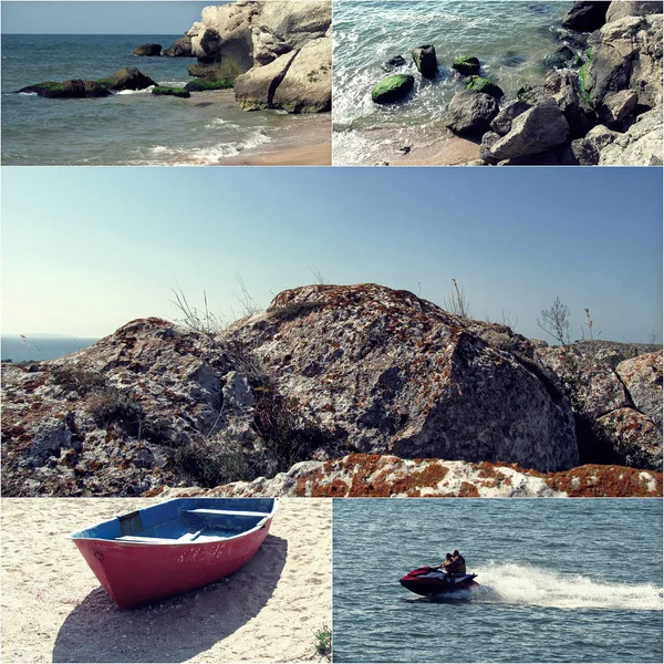 Colagem de fotos do mar com areia, maré, costa rochosa e barco a jato — Fotografia de Stock