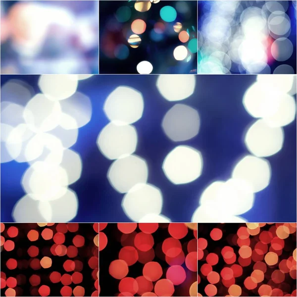 Abstrakte verschwommene blau und rot glitzernde Glühbirnen leuchten Hintergrund. Unschärfe der weihnachtlichen Tapetendekorationen. Weihnachtsfestkulisse: Glitzerkreis entzündet Feier-Collage — Stockfoto