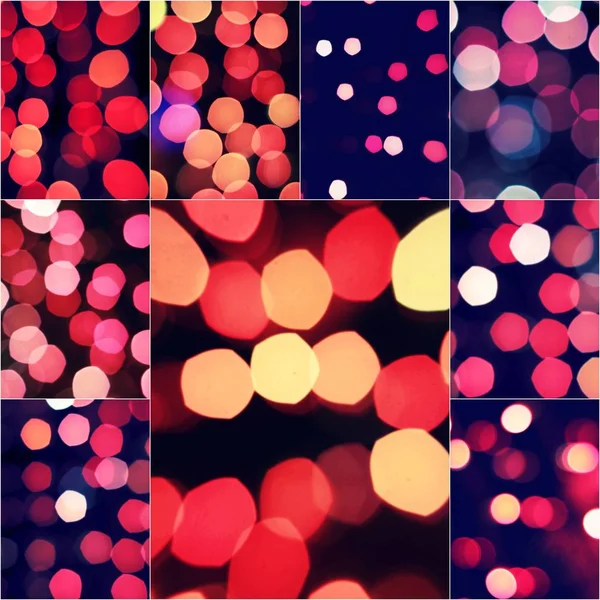 Fondo de Navidad con brillo rojo decoración desenfocada sobre oscuro con espacio de copia para su saludo, collage de formato cuadrado —  Fotos de Stock