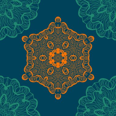 Mandala benzeri açık-iş sorunsuz doku. Yeni Çağ desen çizilmiş yuvarlak dantel modeli. Soyut vektör kabile etnik yoga yantra arka plan sorunsuz kiremit mavi renk arka plan