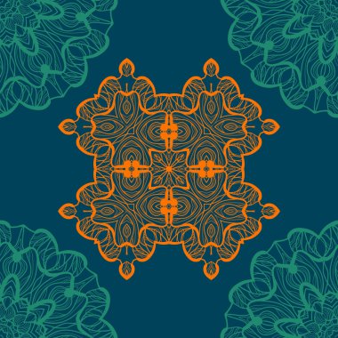 Mandala benzeri açık-iş sorunsuz doku. Çizilmiş yeni çağ yuvarlak dantel modeli. Soyut vektör kabile etnik yoga yantra arka plan sonsuz kiremit mavi renk arka plan üzerinde