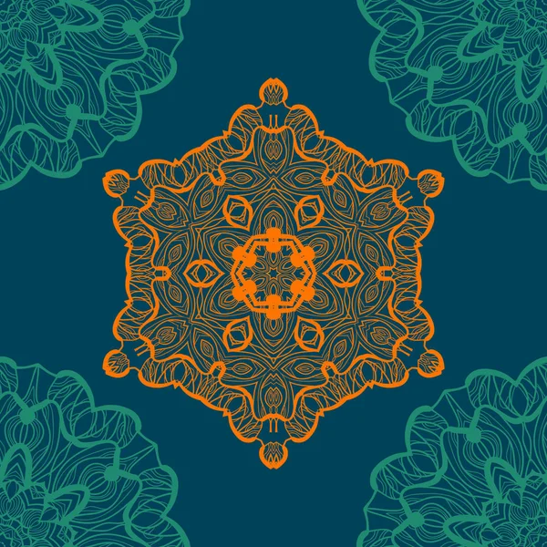 Mandala-achtige open arbeidsgebonden naadloze textuur. New age-patroon handgetekende ronde kantpatroon. Abstract vector tribal etnische yoga yantra achtergrond naadloze tegel blauwe kleur achtergrond — Stockvector