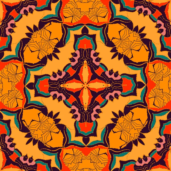 Motif vectoriel bohème coloré avec fleur abstraite stylisée dans des couleurs vives. Arrière-plan boho chic géométrique avec des motifs ethniques arabes, indiens, marocains, aztèques. Gravure ethnique audacieuse avec mandala tribal — Image vectorielle
