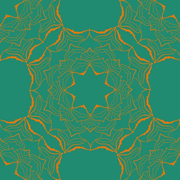 Adorno de mandala de garabato sin costuras vintage en estilo indio. Motivos indios, islámicos, árabes, otomanos. Elementos de diseño vintage naranja sobre fondo verde — Vector de stock