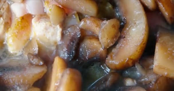 Fatias suculentas de cogumelos fritos preparados em uma panela de ato de fritar em óleo vegetal — Vídeo de Stock