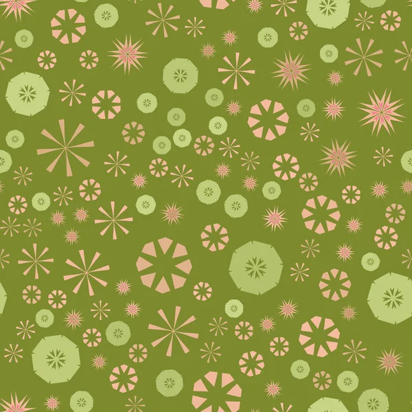 Abstract green simple seamless pattern for design. Vector background with geometric stars and flowers. Circular colorful texture for textile, warping paper, childs clothes — Stock Vector