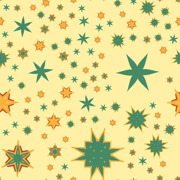 Seamless texture yellow stylized flowers and stars. — Stock Vector