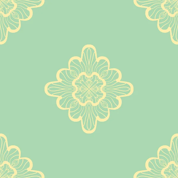 Wallpaper in abstract style green and yellow. A seamless vector background. Symmetrical ornament. Graphic vector pattern. — Stock Vector