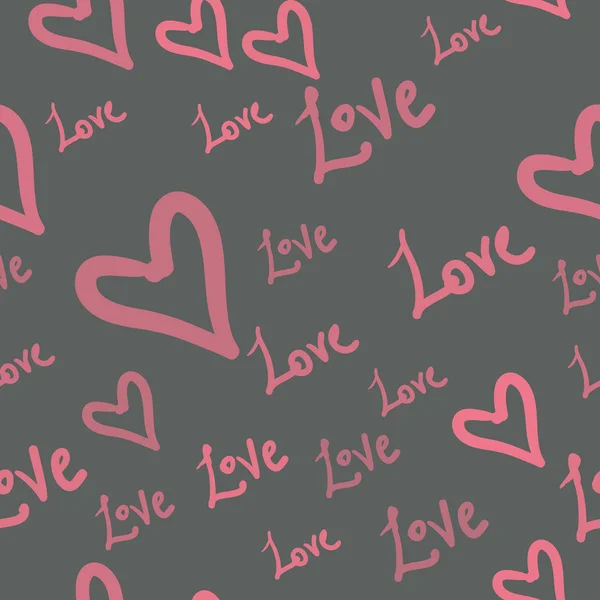 Wzór bezproblemowa z kształtami serca i słowa miłości. Valentines Day tło w stylu childysh — Wektor stockowy