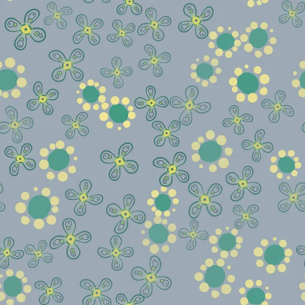 Ilustracja z zielonym ogrodem z stylizowane kwiaty różnych kształtów Print — Wektor stockowy