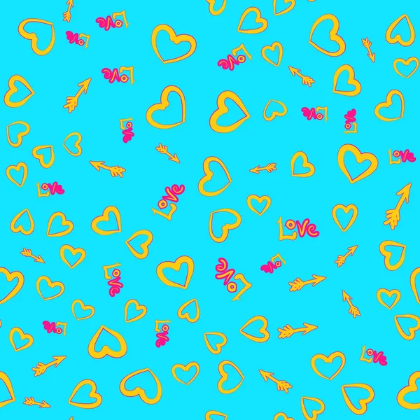 Gelbe Herzen, Pfeile, Liebe Wort nahtlose Muster auf azurblauem Hintergrund. — Stockvektor