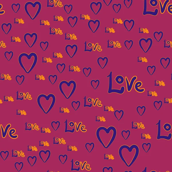 사랑 단어, 바이올렛 컬러 바탕에 하트와 귀여운 발렌타인 완벽 한 패턴 — 스톡 벡터