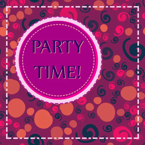 Yuvarlak etikel çocukça ilkel öğelerle mor-kırmızı zemin üzerine parti zamanı kelimelerle. Parti zamanı yazı tipografi. Kare biçimi el ilanı kapak.