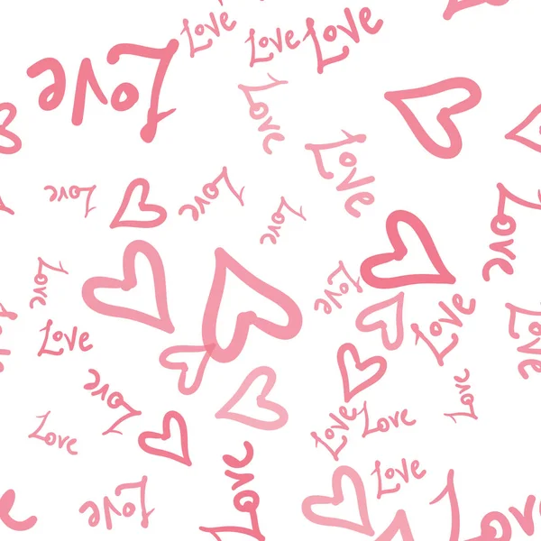 Pink hearts vector seamless pattern with hand painted words love. Valentines day wrapping paper or wedding invitation card background in pink and white color — Stock Vector