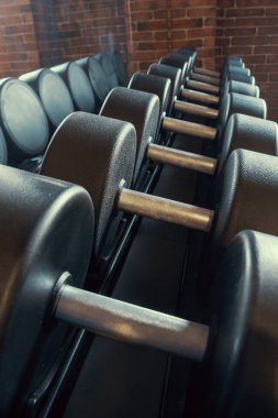 Mirror Reflection Retro renk tonu ile spor salonunda dambıl satırları