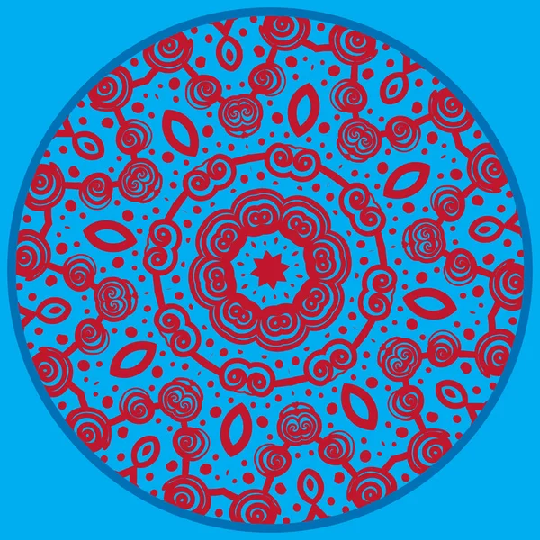 Mandala geïnspireerd patroon. Doodle tekening ronde ornament In rood en blauw — Stockvector