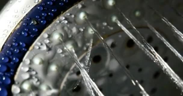 Stromend water uit de douchekop in de badkamer. Macro video — Stockvideo