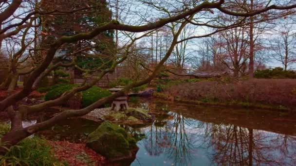 Dech beroucí pohled na umělý rybník v japonské zahradě — Stock video