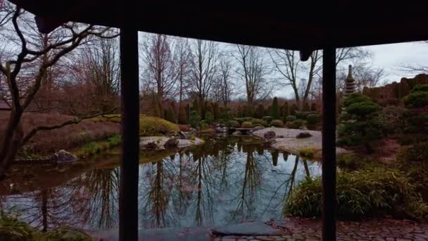 Vista del estanque de jardín japonés rodeado de árboles cuidadosamente recortados en invierno — Vídeos de Stock