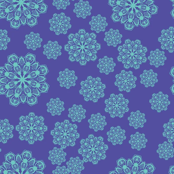 Πολλές μπλε νιφάδες χιονιού σχηματίζουν ένα ατελείωτο μοτίβο σε μωβ φόντο — Διανυσματικό Αρχείο
