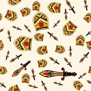 Sonsuz desen stilize edilmiş kalkanlar ve kılıçlardan oluşuyor. Çocuk odasının duvar kağıdı ya da ambalaj kağıdı için iyi bir desen. Eski aristokrasi ve şövalyelik.