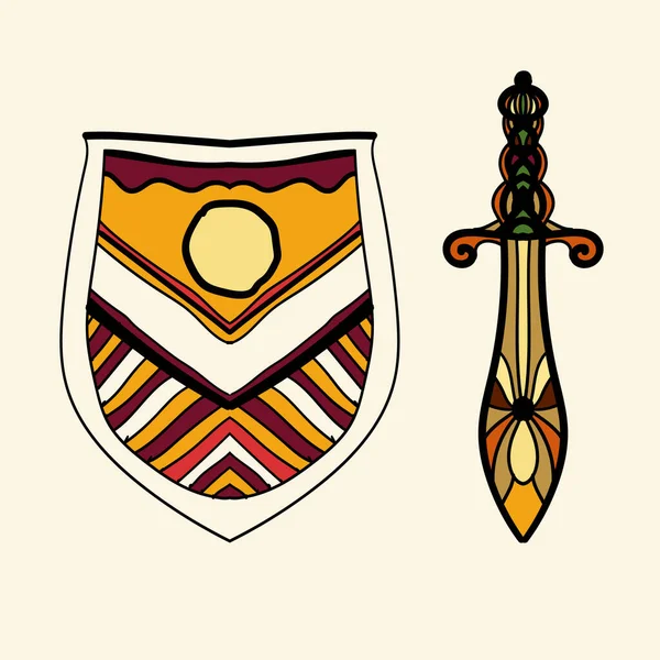 O escudo estilizado e a espada estão localizados lado a lado, apresentando a ideia de cavalaria e a antiga aristocracia europeia. . — Vetor de Stock