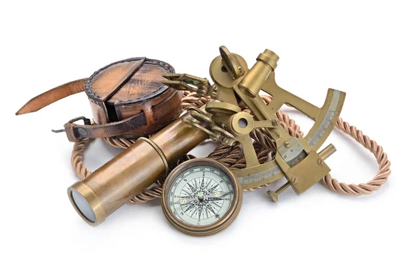 Compass,sextant and spyglass on the white — Stock Photo, Image