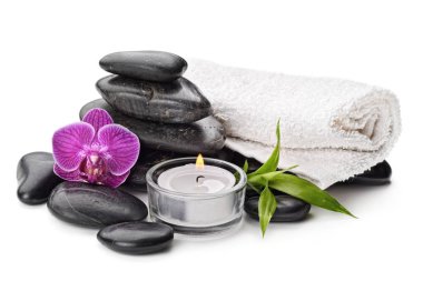 Zen bazalt taşı, orkide ve bambu