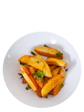 bir kase kızartma patates. Üstten Görünüm. beyaz izole