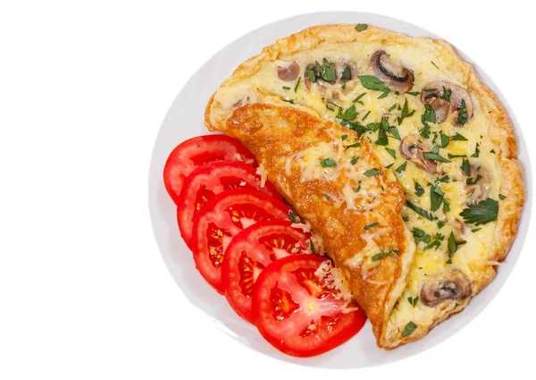 Omelett mit Pilzen und Käse. Ansicht von oben. isoliert auf weiß — Stockfoto