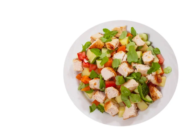 Salad with chicken breast and vegetables. top view. isolated on white — Stock Photo, Image