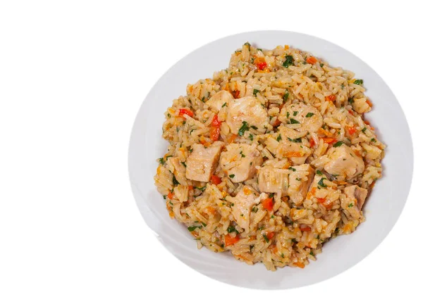 Hühnerbrust mit Reis und Gemüse. Ansicht von oben. isoliert auf weiß — Stockfoto