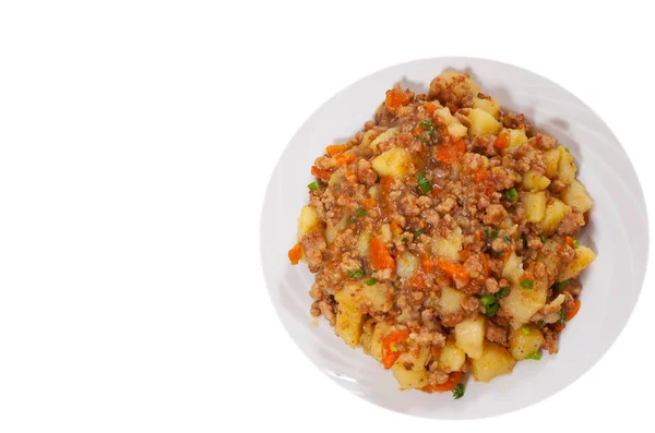 Stewed potato with minced meat. top view. isolated on white — Stock Photo, Image