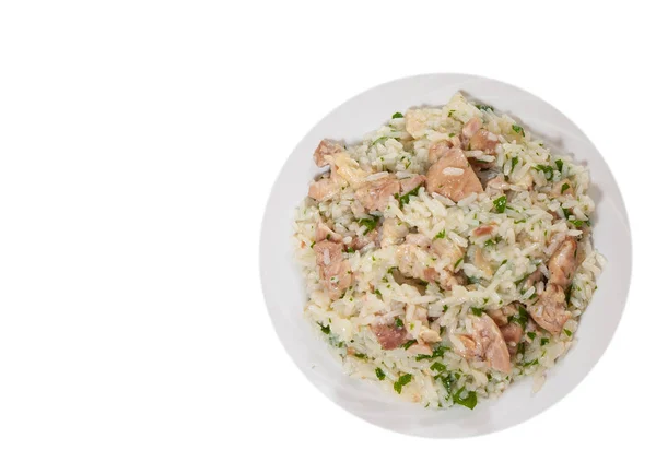 Arroz com carne. vista superior. isolado em branco — Fotografia de Stock