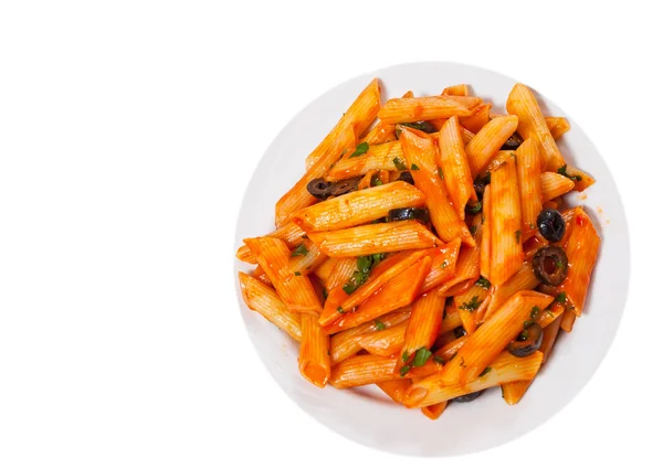 Penne pasta with tomato sauce. top view. isolated on white — Stock Photo, Image