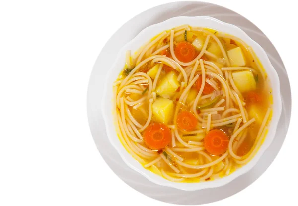 Fresh vegetable soup with noodles. top view. isolated on white — Stock Photo, Image