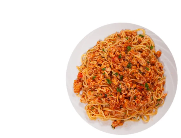 Capellini pasta with tomato and meat sauce. top view. isolated on white — Stock Photo, Image