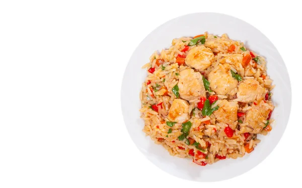 Pechuga de pollo con arroz y verduras. Vista superior. aislado en blanco — Foto de Stock