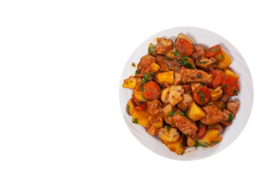 etli sebze ve mantar. Üstten Görünüm. beyaz izole