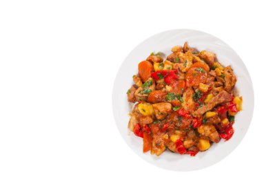 sebze ile haşlanmış et. Üstten Görünüm. beyaz izole