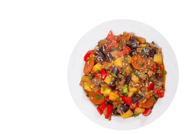 Gemüsekompott. Auberginen, Paprika, Zwiebeln, Karotten, Kartoffeln... von oben. isoliert auf weiß — Stockfoto