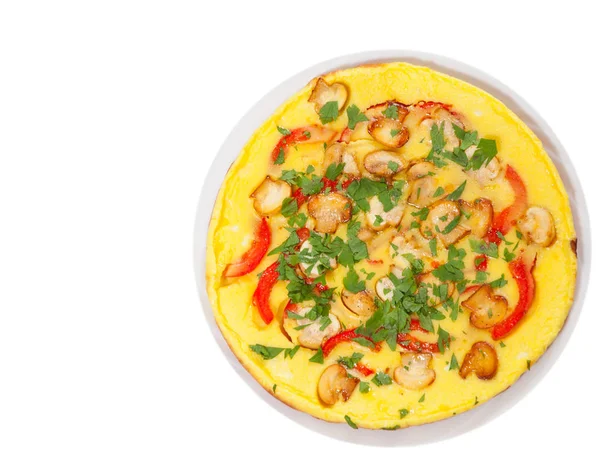 Omelet with mushrooms, and vegetables. top view. isolated on white — Stock Photo, Image