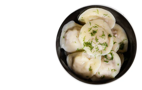 Las albóndigas de carne - el pelmeni ruso, los ravioles con la carne. Vista superior. aislado en blanco — Foto de Stock