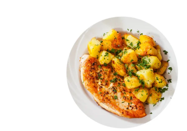 Grilled chicken breast with potato in a plate. top view. isolated on white — Stock Photo, Image