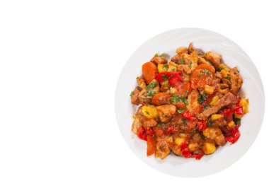 sebze ile haşlanmış et. Üstten Görünüm. beyaz izole