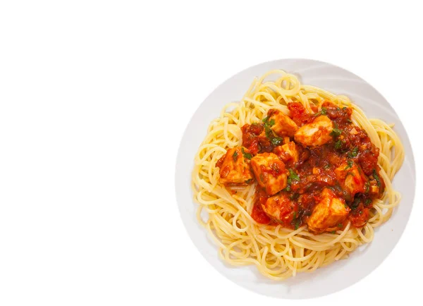 Chicken breast in tomato sauce with spaghetti. top view. isolated on white — Stock Photo, Image