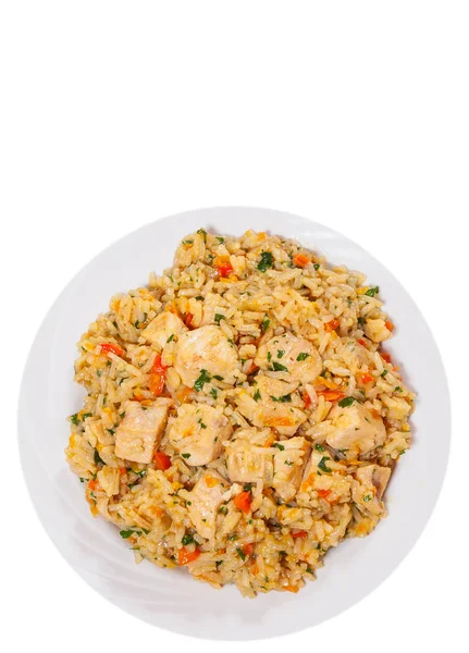 Pechuga de pollo con arroz y verduras. Vista superior. aislado en blanco —  Fotos de Stock