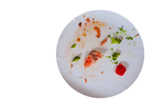 汚れたお皿。平面図です。白で隔離 — ストック写真