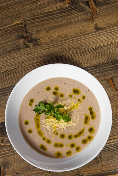 Mushroom Cream Soup Wooden Wooden Background Copy Space Top View — Stock Photo, Image