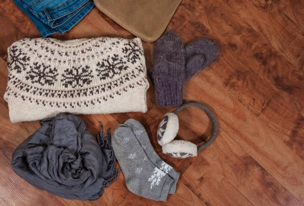 Woman Autumn Winter Clothes Collage Set Wooden Floor Flat Lay — Stock Photo, Image
